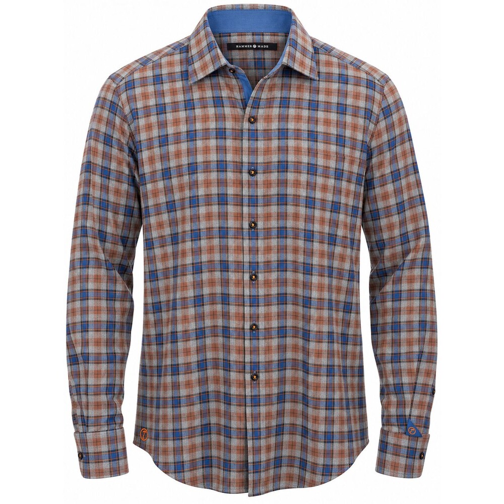 Hammer Made Plaid Brushed Cotton Twill Shirt L/S Mens Sz 46 18.5 Gray Blue Brown